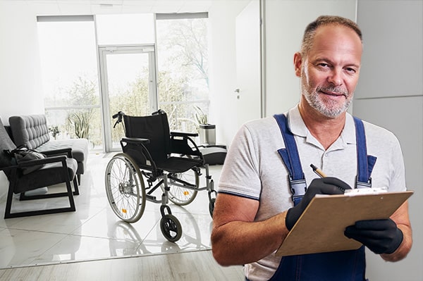 Sind Gebrauchtmodelle eine gute Option? Worauf es beim gebrauchten Rollstuhl mieten ankommt – Techniker überprüft einen gebrauchten Rollstuhl